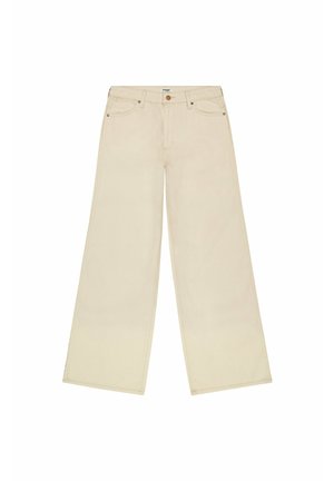Šviesiai kreminės spalvos plačios džinsinės kelnės, pagamintos iš medvilnės. Turi standartinį penkių kišenių dizainą, vario mygtuką ir siuvimo akcentus palei siūles.