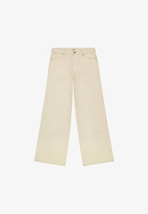 Light beige wide-leg jeans made of cotton. Features a standard five-pocket design, copper button, and stitching accents along the seams.