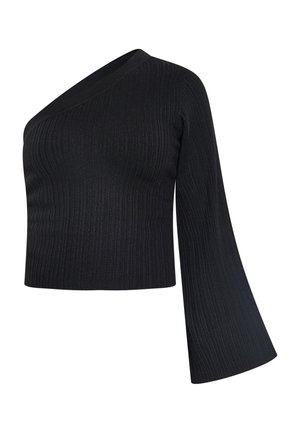Schwarzes geripptes Stricktop mit asymmetrischem Ausschnitt und einer schwingenden Ärmeln auf einer Seite. Der Stoff hat eine weiche Textur und eine taillierte Silhouette.