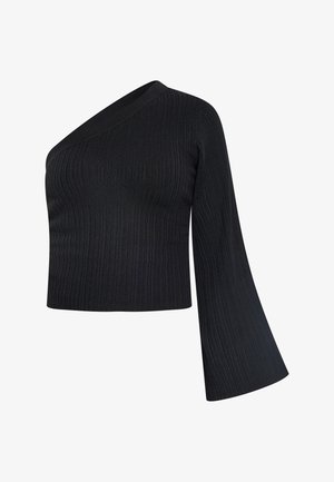 Crni rebrasti pleteni top s asimetričnom ovratnikom i lepršavim rukavom s jedne strane. Tkanina ima mekanu teksturu i prilagodljiv siluetu.