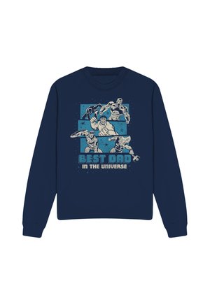 Navy blue sweatshirt with vintage comic superheroes and text "Best Dad in the Universe" on the front.