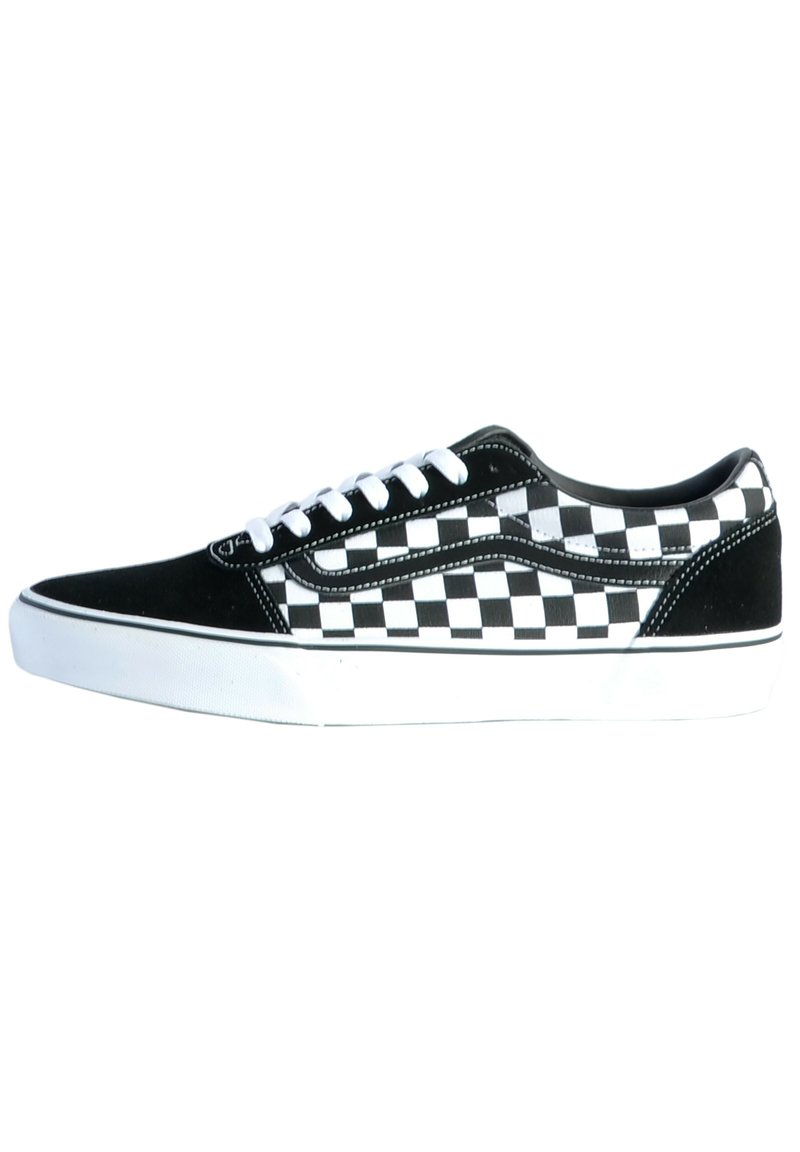 Sneakers in tela a scacchi bianco e nero con design low-top, lacci bianchi e suola in gomma. Presentano dettagli in camoscio e cuciture a contrasto.
