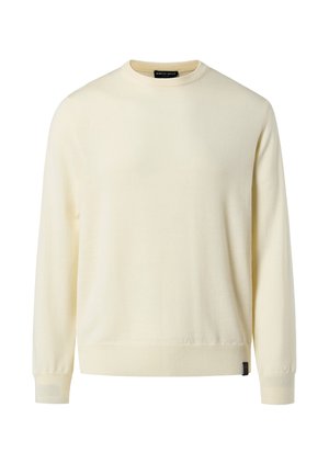 Pull-over jaune pâle en maille douce, avec un col rond, des manches longues et des poignets et un ourlet côtelés.