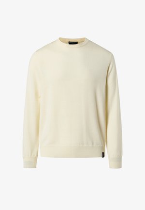 Jersey de cuello redondo de color amarillo claro hecho de material de punto suave, con cuello redondo, mangas largas y puños y dobladillo acanalados.