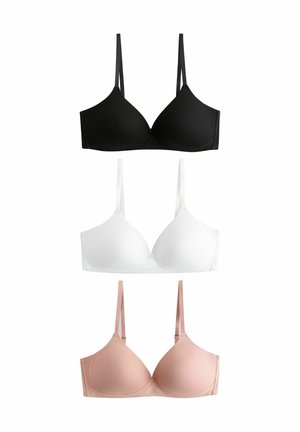 Tri bešavne wire-free grudnjake u crnoj, bijeloj i boji kože, svaki s tankim podesivim naramenicama, prikazani na bijeloj pozadini.
