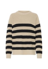 Maglione a righe in beige e nero, con collo rotondo, maniche lunghe, polsini a coste e un motivo di maglia testurizzato. Include un dettaglio con il logo.