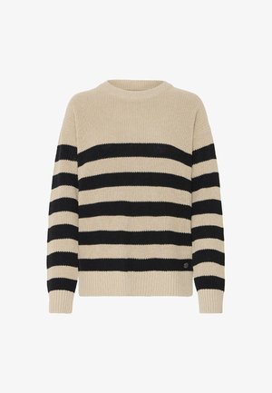 Ribaga villane särk beeži ja musta triibulisena, millel on ümmargune kaelus, pikad varrukad, soonikkoes mansetid ja tekstuuriga kudumismuster. Sisaldab logo detaile.