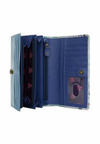 Blauwe leren portemonnee met meerdere kaarthouders, twee geaccentueerde vakken met rits en een doorzichtige ID-pocket. Bloemige binnenvoering voegt detail toe.