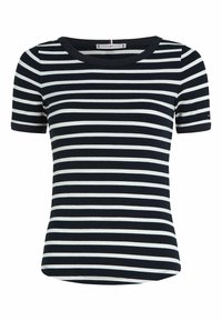 Koszulka w paski w kolorze granatowym i białym, krótki rękaw, żebrowana faktura, okrągły dekolt, dopasowany fason, z logo marki z tyłu.