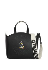Bolsa de couro preta com bordas arredondadas, design perfurado, apresentando uma personagem de cartoon. Inclui uma alça branca com o texto "GERFELD".