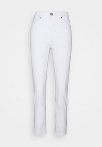 Bílé denimové kalhoty se rovnýcm střihem, vysokým pasem, předními kapsami a jedním knoflíkem na zapínání v pase. Hladká textura, minimální detaily.