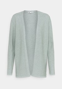 Světle zelený kardigan vyrobený z jemného pleteného materiálu, s otevřeným předním designem, dlouhými rukávy a volným střihem. Bez zapínání nebo dalších detailů.