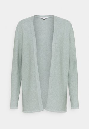 Lichtgroene cardigan van zacht breiwerk, met een open voorkant, lange mouwen en een relaxte pasvorm. Geen sluitingen of extra details.