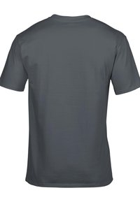 Šedé bavlněné tričko s klasickým kulatým výstřihem, krátkými rukávy, hladkou texturou a bez viditelných grafik nebo vzorů na zadní straně.
