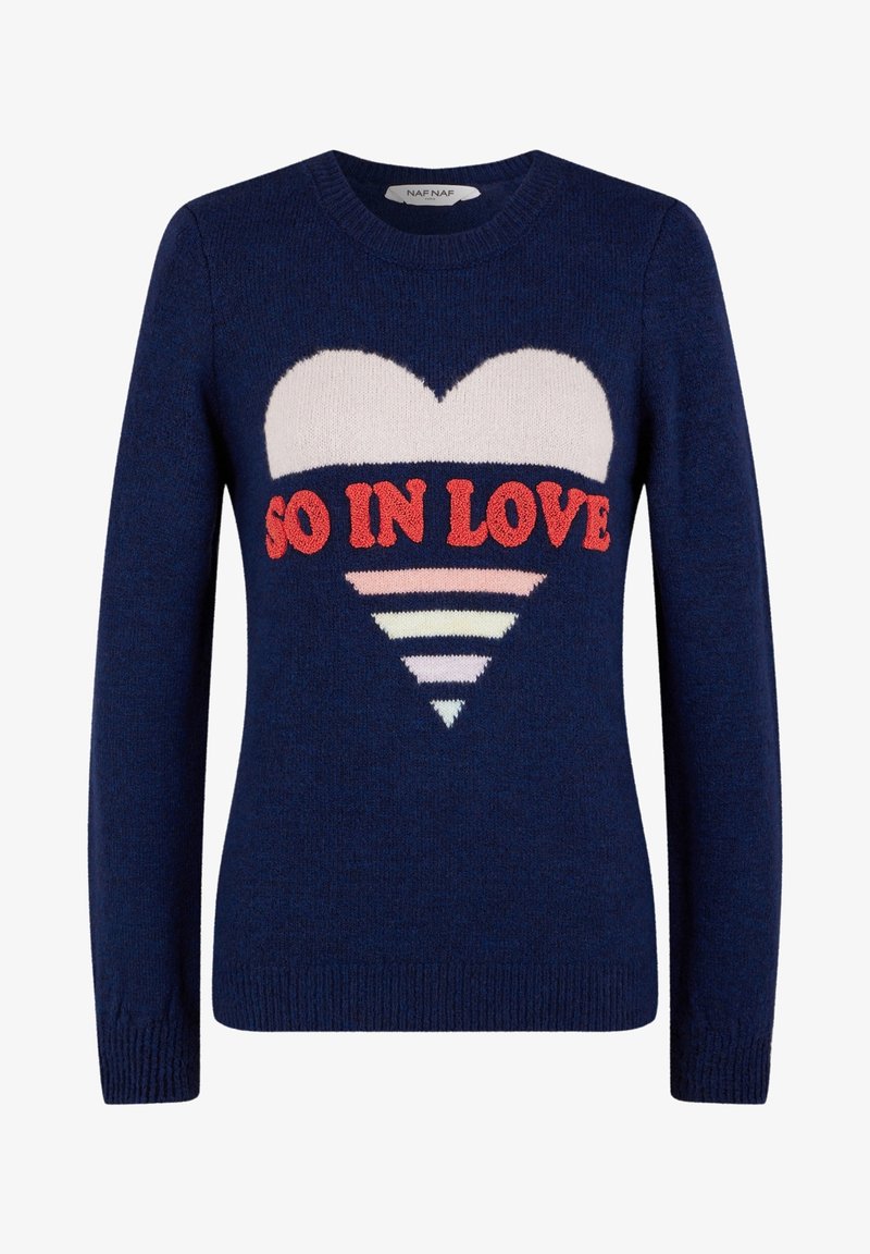 Pull bleu marine à manches longues, col rond, orné d'un motif cœur et "SO IN LOVE" en crème et rouge, avec des accents rayés aux couleurs pastel.