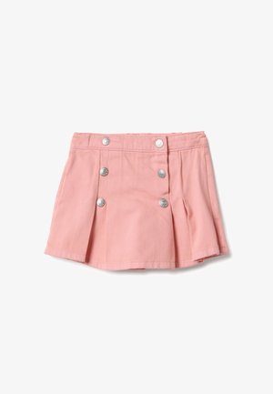 Mini falda plisada rosa de algodón, con botones a presión plateados en la parte frontal, cintura plana y textura suave.