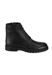 Schwarze Leder-Ankle-Boots mit abgerundeter Spitze, Schnürung vorne und strukturiertem Absatz, ausgestattet mit einem klaren Design und minimalem Materialeinsatz.
