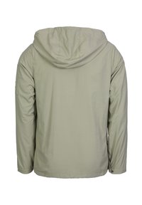Light green jacket with a hood and long sleeves. Made of smooth, matte fabric. Features a minimalist design and a loose fit.