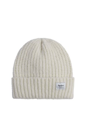 Gorro de punto blanco con textura acanalada, que presenta un puño doblado. Tiene una pequeña etiqueta tejida con "Pepe Jeans" adjunta.