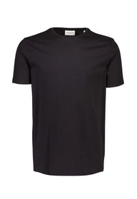 Camiseta negra de manga corta hecha de algodón suave, con un cuello redondo clásico y un corte recto sin estampados ni adornos.