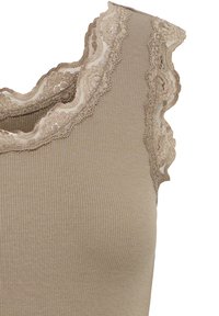 Sleeveless beige ribbed top with delicate lace trim around the neckline and armholes.