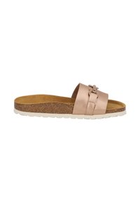 Ciabatta slide rosa chiaro con tomaia in pelle liscia, soletta in sughero e suola in gomma bianca. Include dettagli in metallo decorativi.