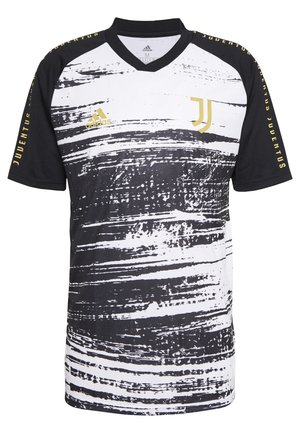 Sort-hvid Juventus fodboldtrøje med penselstrøgsmønster, gyldent Adidas-logo på højre bryst, gylden Juventus-emblem på venstre side og "JUVENTUS" på ærmerne.