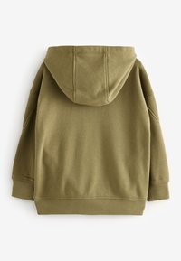 Oliwkowy hoodie, miękka tkanina bawełniana, kangurza kieszeń, duży kaptur, ściągacze u dołu rękawów i u dołu, luźny krój, bezszwowe ramiona i plecy.