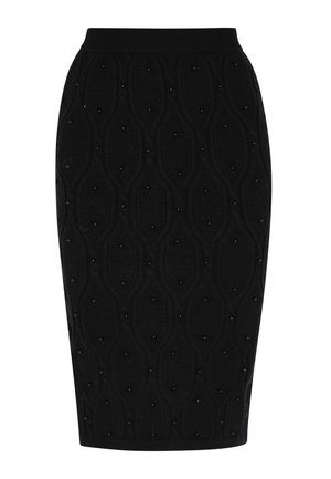 Musta neulotusta kynähameesta, jossa on teksturoitu kuvio nousevilla soikeilla muodoilla ja pienillä koristehelmiä throughout. Yläosassa joustava vyötärö.