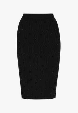 Falda lápiz de punto negra que presenta un patrón texturizado con diseños ovalados elevados y pequeñas cuentas decorativas a lo largo. Cintura elástica en la parte superior.