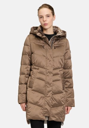 Brown puffer coat with a hood, featuring quilted stitching, front pockets, and a zip closure. The fabric has a smooth, shiny texture.