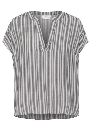 Blouse à manches courtes rayée gris et blanc avec un col en V, offrant une coupe décontractée et un ourlet droit. Fabriquée en tissu léger.