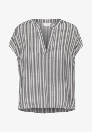 Gray and white striped short-sleeve blouse with a V-neck, featuring a loose fit and a straight hemline. Made from lightweight fabric.