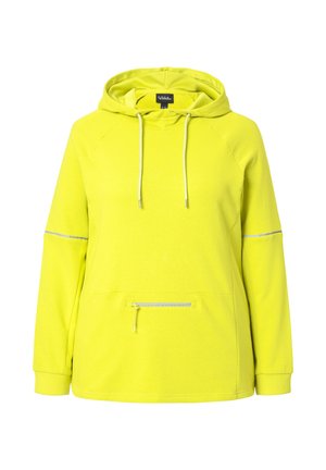 Neon-gelber Kapuzenpullover mit einer Fronttasche mit Reißverschluss, reflektierenden Akzenten an den Ärmeln und einer weichen Textur.