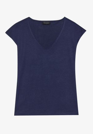 Navy blue short-sleeve top with a V-neck design. Made of soft fabric, featuring smooth texture and clean hem finishing.