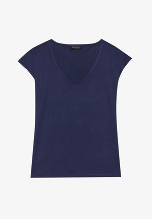 Tengerészkék, rövid ujjú felső, V-nyakkivágással. Puha anyagból készült, sima textúrával és tiszta szegéllyel.