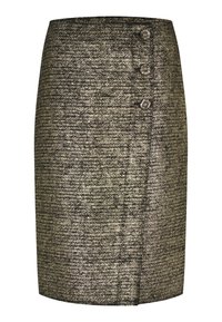 Zwart en gouden tweed potloodrok met een rechte silhouet, drie decoratieve knopen aan de linkerkant en subtiele textuur.