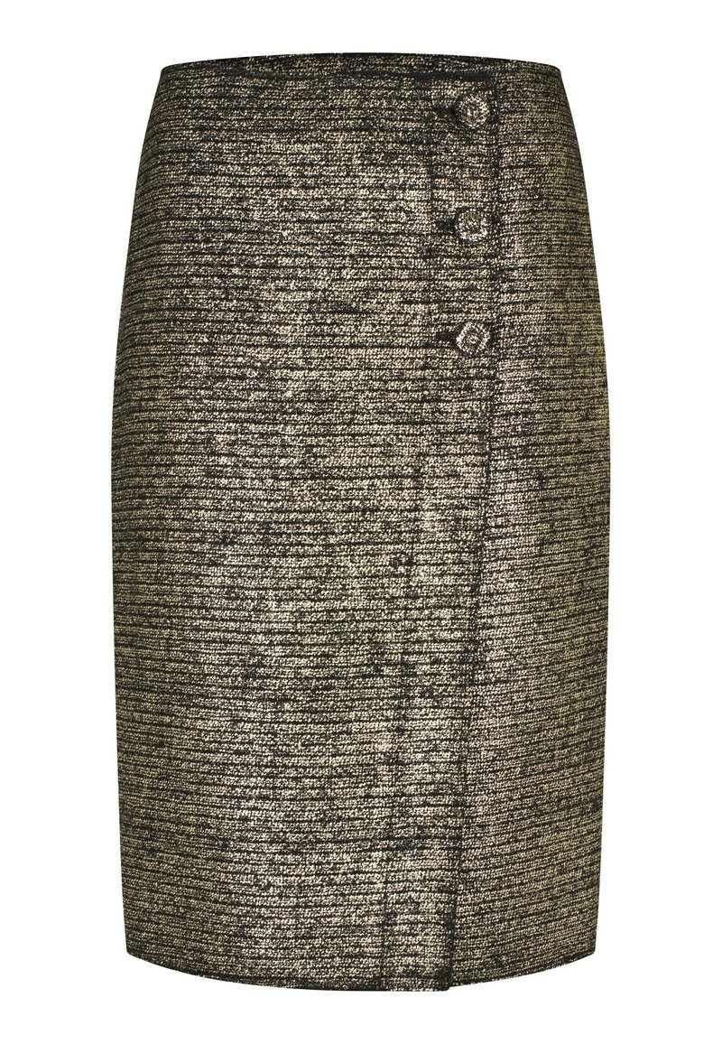 Zwart en gouden tweed potloodrok met een rechte silhouet, drie decoratieve knopen aan de linkerkant en subtiele textuur.