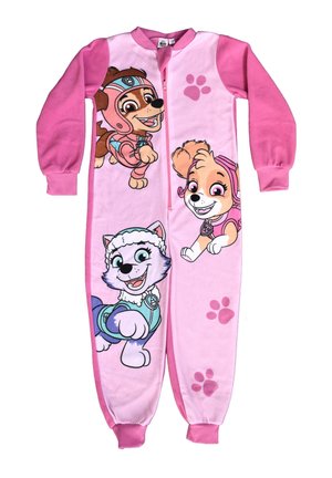 Pink children's onesie with long sleeves, featuring three smiling cartoon puppies in colorful outfits and pink paw prints along the front.
