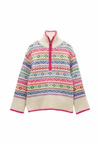 Strickpullover mit hohem Kragen, ausgestattet mit einem mehrfarbigen geometrischen Muster auf cremefarbenem Stoff, Reißverschluss und rosa Akzenten am Kragen und Saum.