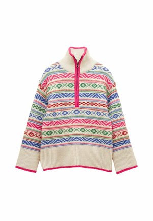 Adītas džemperis ar augstu apkakli, kuram ir daudzkrāsains ģeometrisks raksts uz krēmkrāsas auduma, ar rāvējslēdzēju un rozā akcentiem apkaklī un zemē.