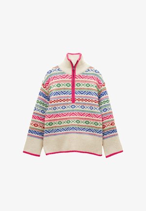 Adītas džemperis ar augstu apkakli, kuram ir daudzkrāsains ģeometrisks raksts uz krēmkrāsas auduma, ar rāvējslēdzēju un rozā akcentiem apkaklī un zemē.