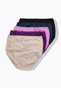 Cinque paia di mutande da donna in diversi colori: beige, lavanda, viola scuro, navy e nero. Materiale in cotone liscio con elastici in vita.