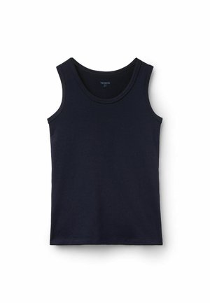 Camiseta sin mangas de algodón azul marino con cuello redondo, vista desde arriba sobre fondo blanco.