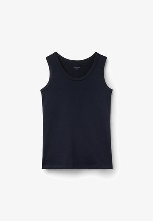 Camiseta sin mangas de algodón azul marino con cuello redondo, vista desde arriba sobre fondo blanco.