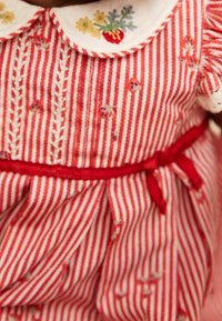 Rød og hvid stribet kjole med små blomsterprint, en hvid broderet krave med blomster og et rødt bælte knyttet om taljen.