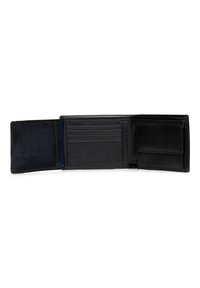 Black leather wallet opened to show multiple card slots, a smooth texture, and a separate compartment on the right for cash or cards.