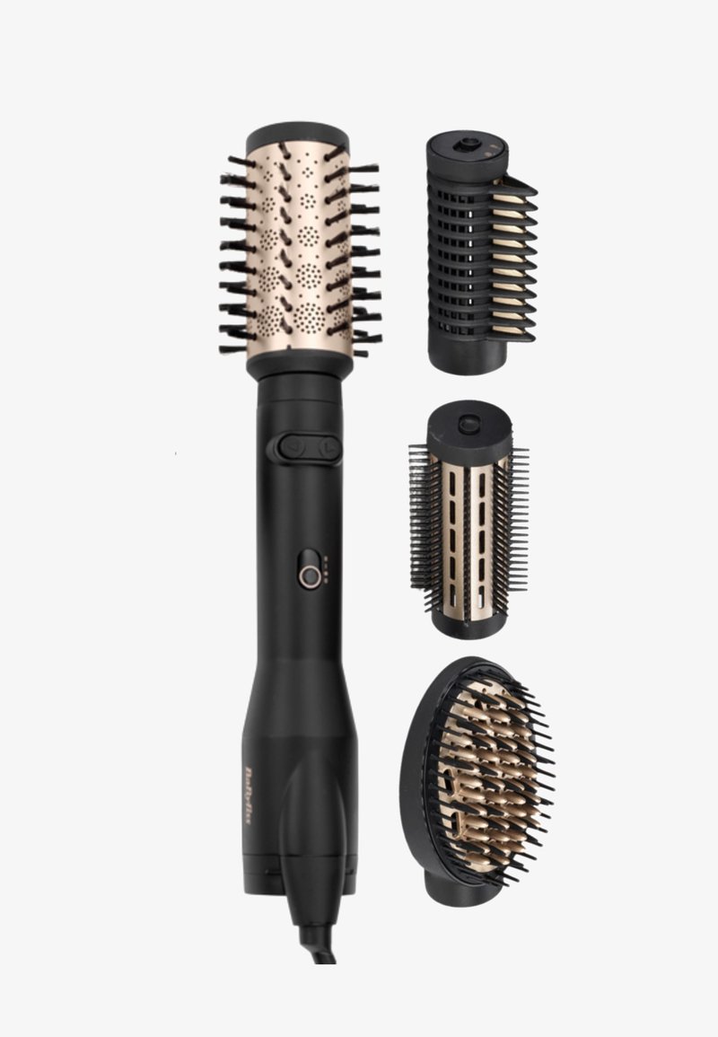 Styler électrique noir avec quatre brosses chauffantes interchangeables pour donner du volume, boucler et lisser les cheveux.