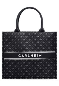 Black tote bag made of fabric, featuring a diamond pattern with a logo design. It includes two sturdy handles for carrying.