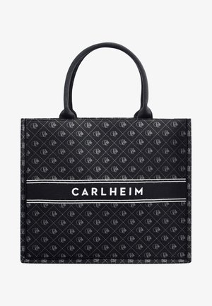 Sac fourre-tout noir en tissu, orné d'un motif en losanges avec un design de logo. Il est équipé de deux poignées robustes pour le transport.